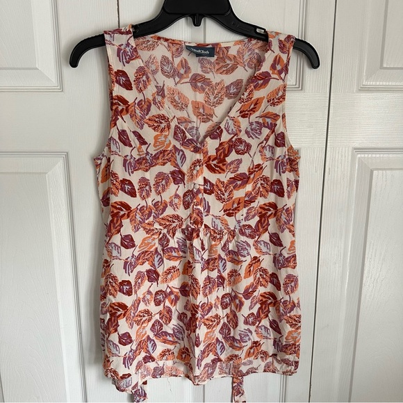 Modcloth Womens Floral Leaf Sleeveless Button Detail Empire Tie Waist Top Sz S - Picture 2 of 11
